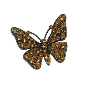 1970s Pewter Tone Metal Faceted Orange Rhinestone Butterfly Figural Pin Brooch